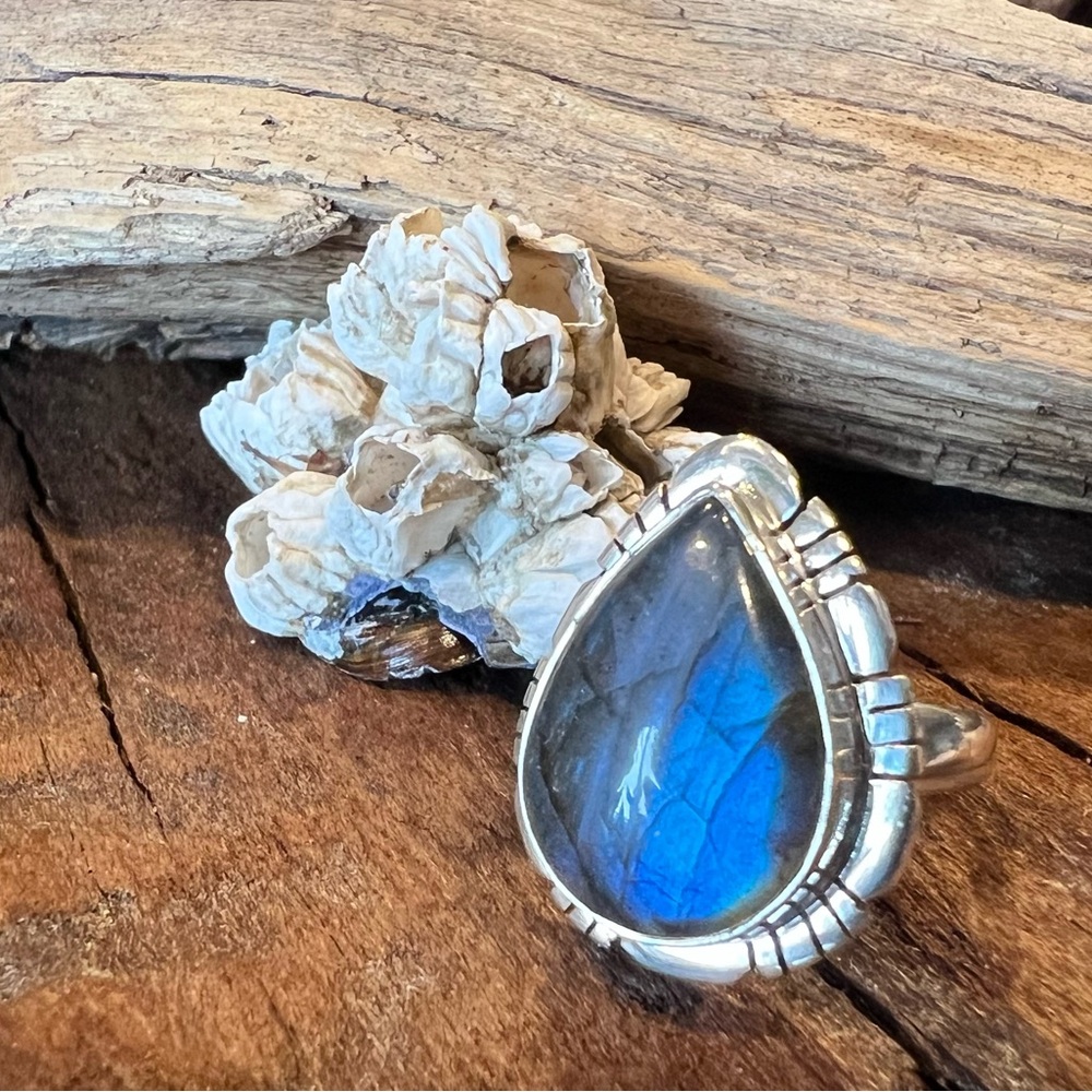 NWT Bali Thailand Labradorite Sterling Silver Ring Tear Drop Large Blue Flashes